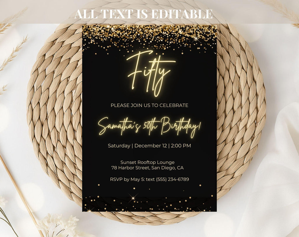 Black Gold 50th Birthday Invitation