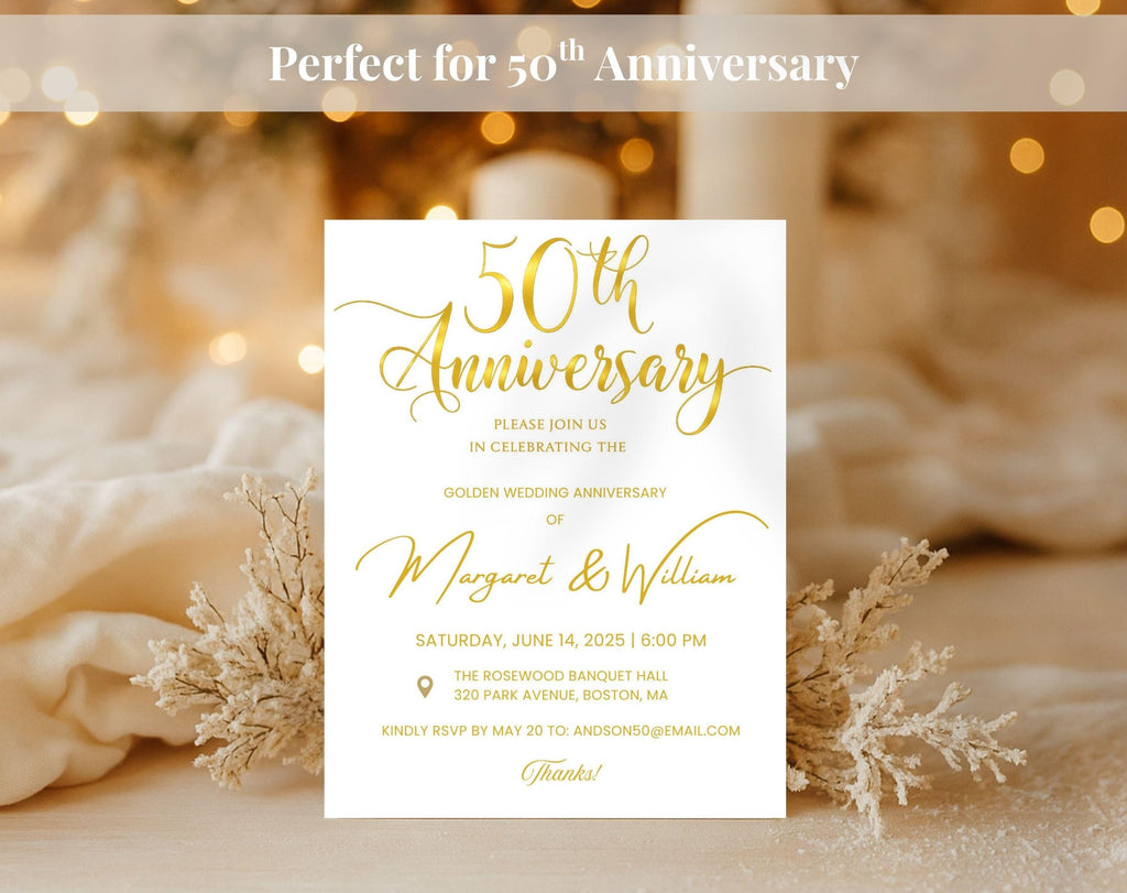 Golden 50th  Wedding Anniversary Invite White Gold