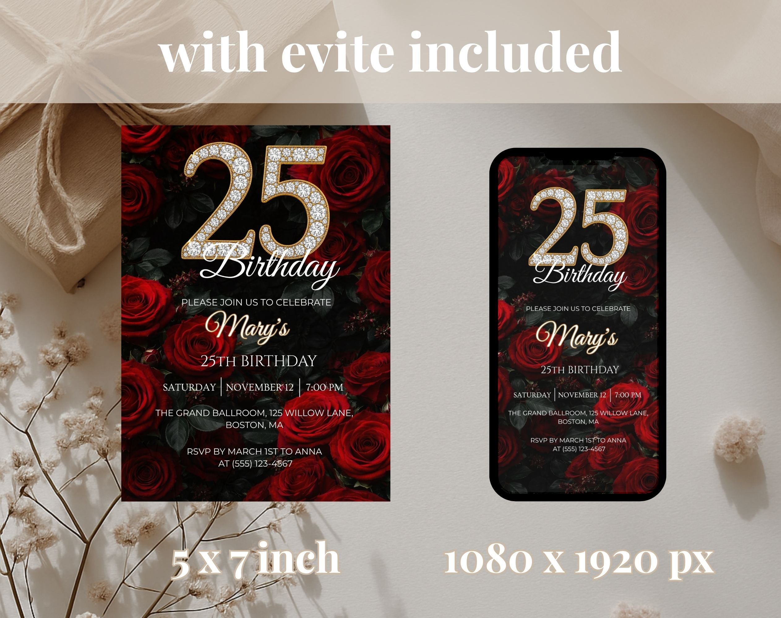 Elegant Red Rose 25th birthday invitation
