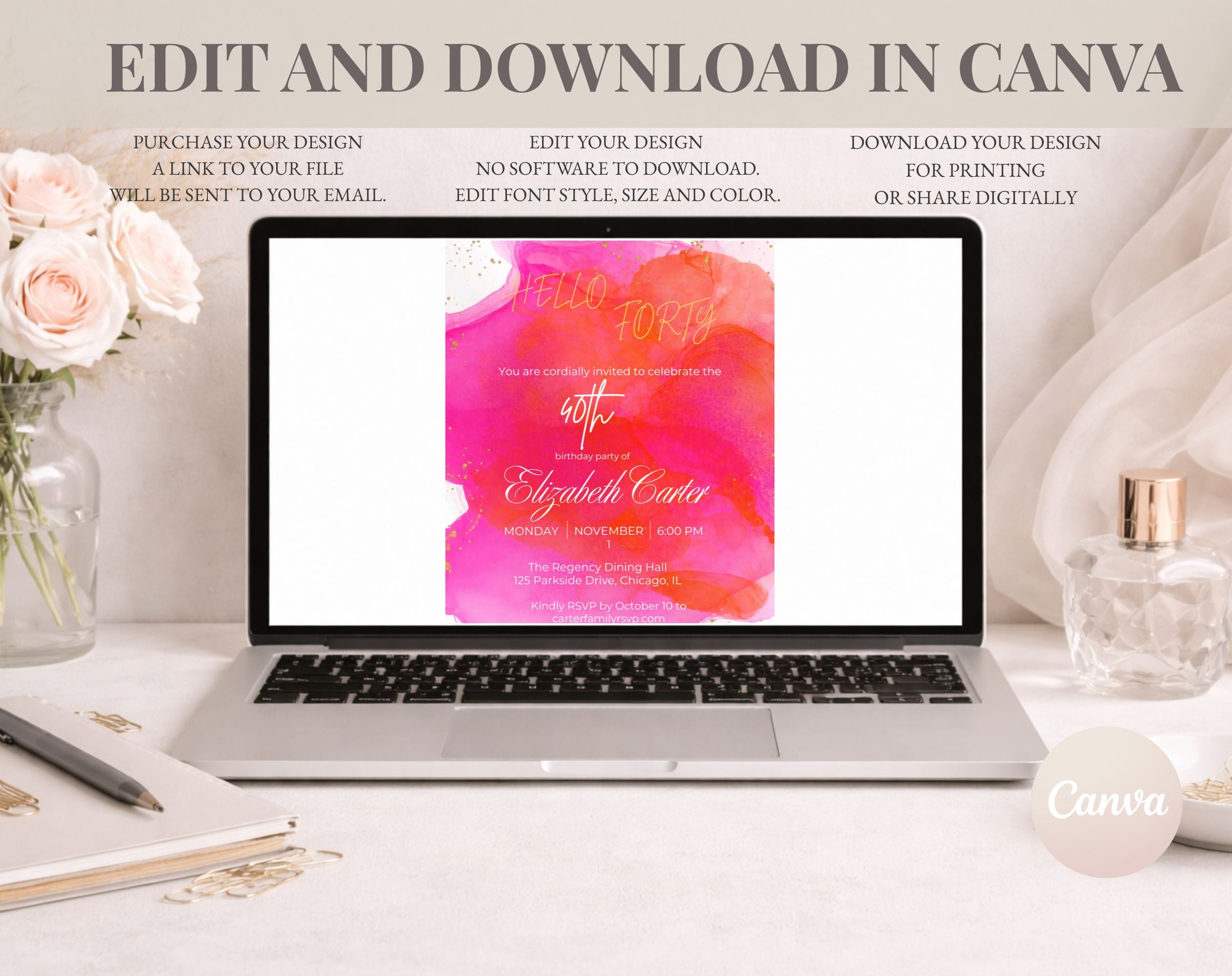 Pink 40th Birthday Invitation