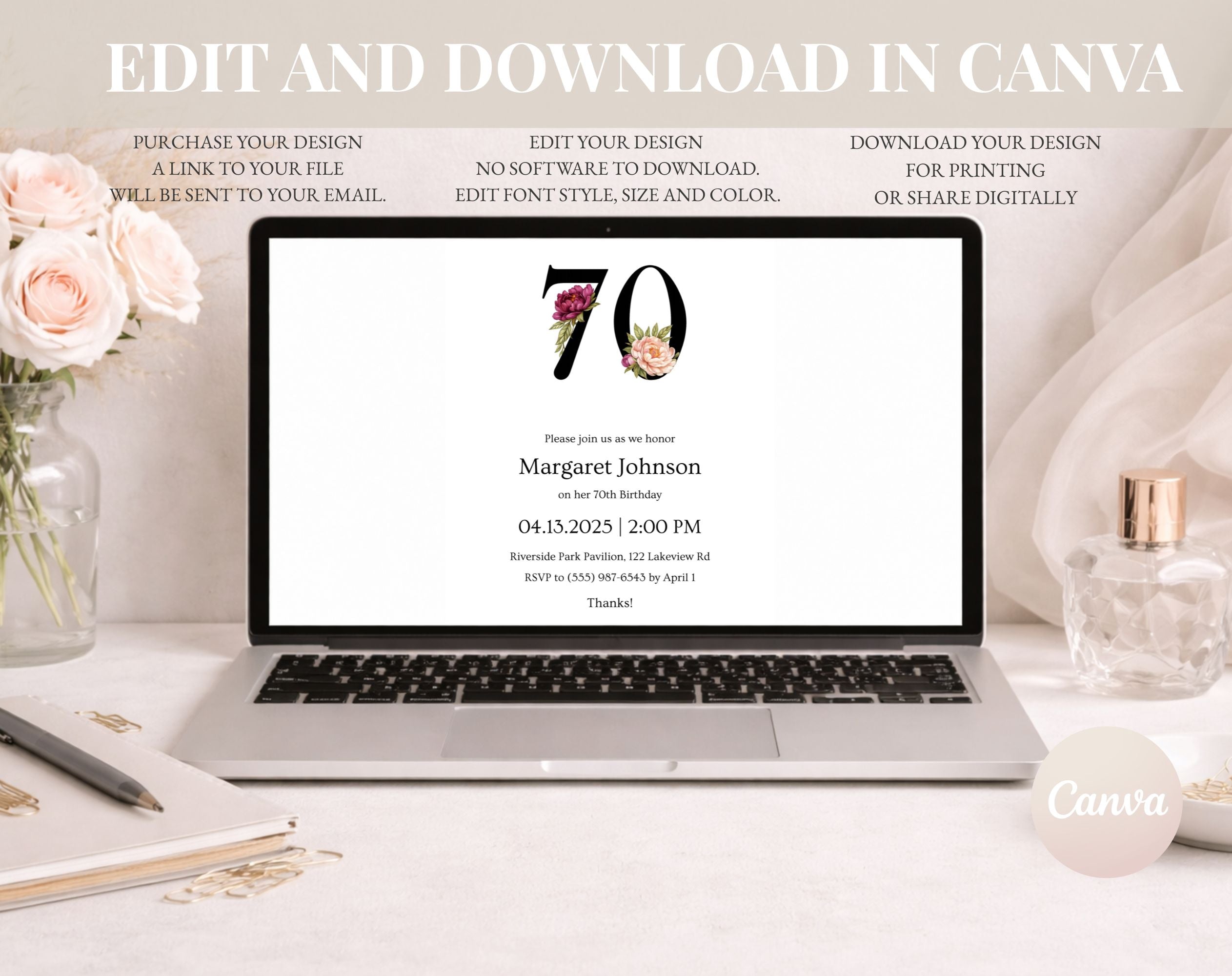 Black Elegant Floral 70th Birthday Invitation