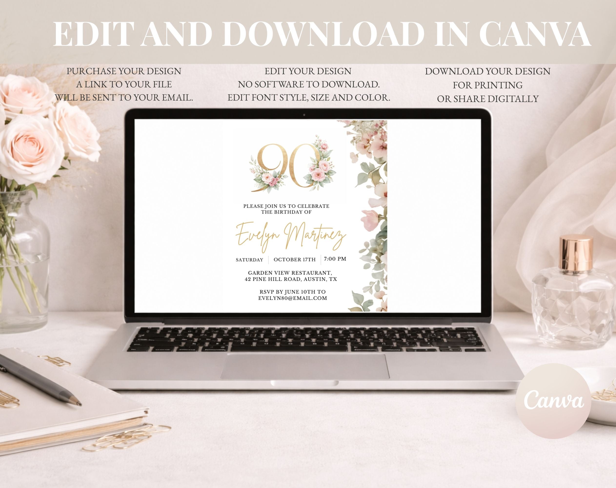 Blush Pink and Gold Floral 90th Birthday Invitation