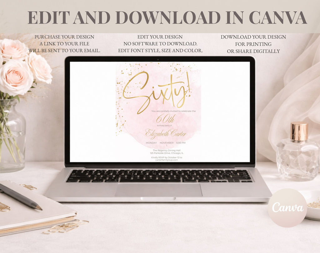 Elegant Blush Pink Golden 60th Birthday Invitation
