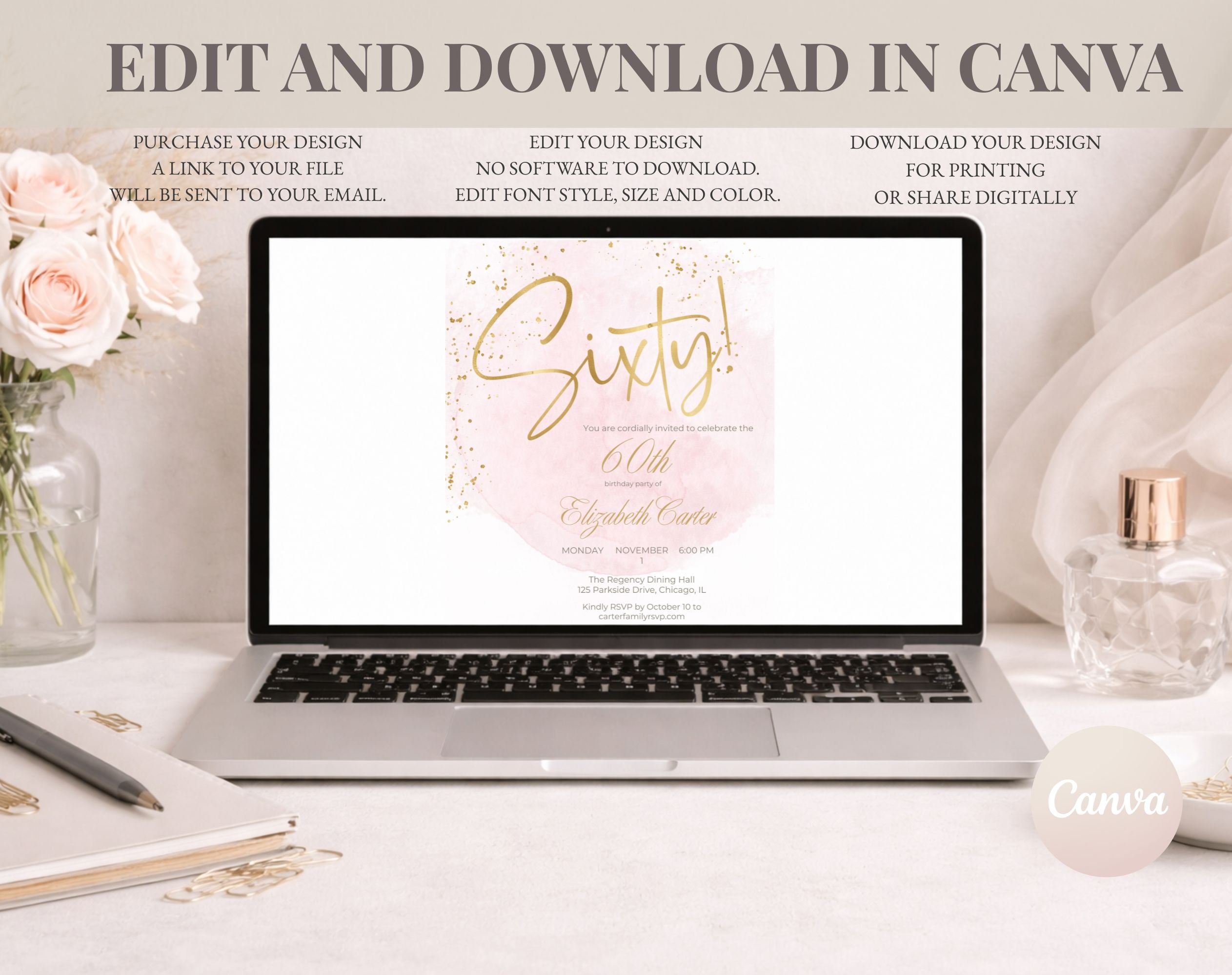 Elegant Blush Pink Golden 60th Birthday Invitation