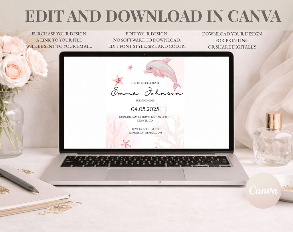 Pink Ocean first Birthday Invitation
