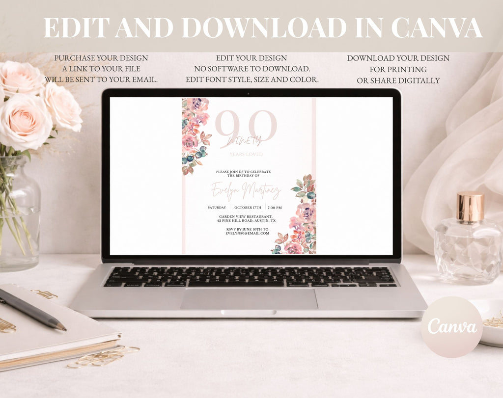 Blush Pink Floral 90th Birthday Invitation