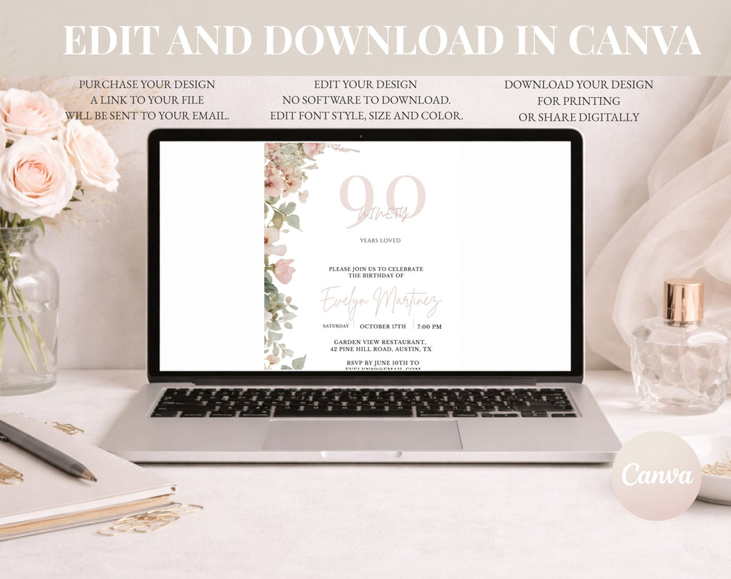 Blush Pink and Green Floral  90th Birthday Invitation
