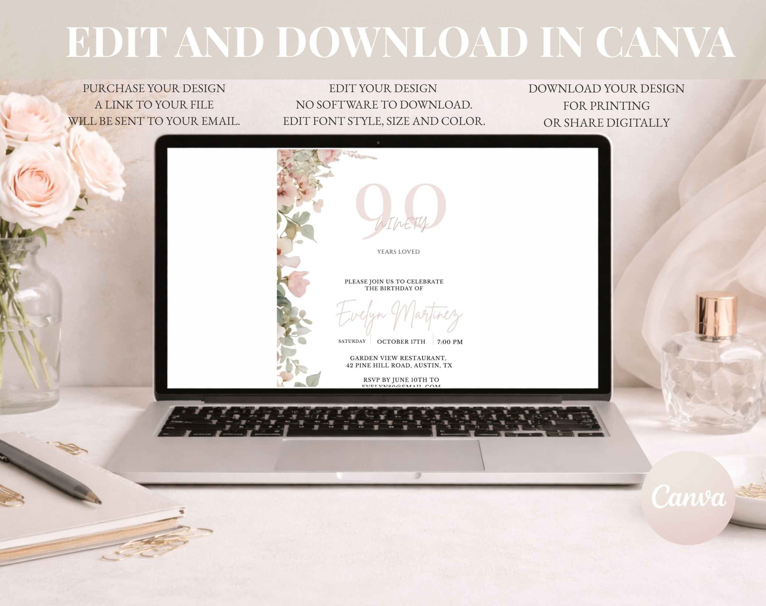 Blush Pink and Green Floral  90th Birthday Invitation