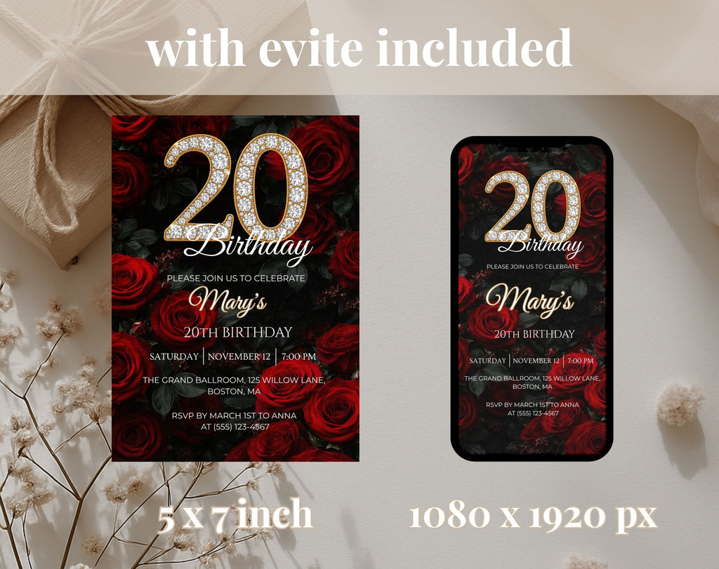 20th Red rose floral Birthday Invitation