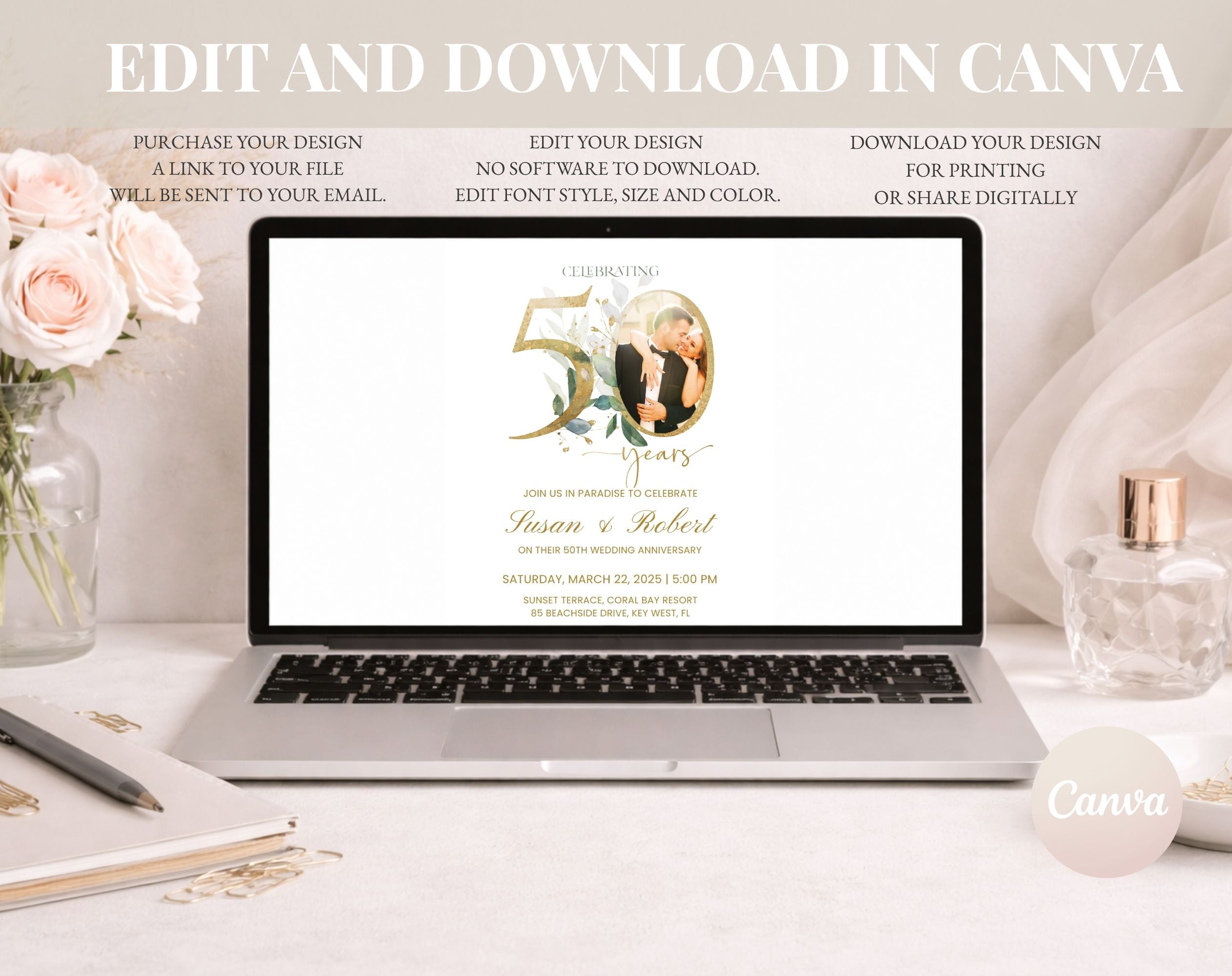 50th Wedding Anniversary Invitation Photo White Gold