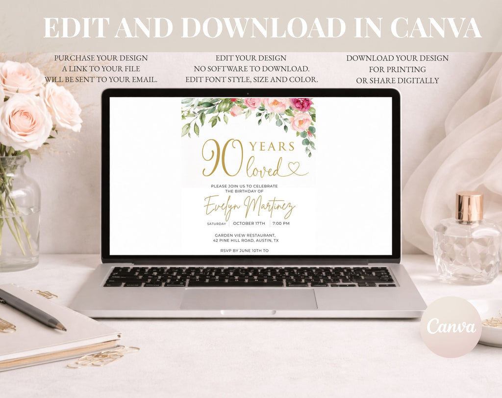 Gold Floral 90th Birthday Invitation
