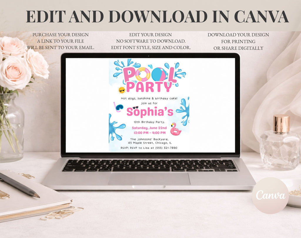 Pink Blue Pool Party 10th birthday Invitation