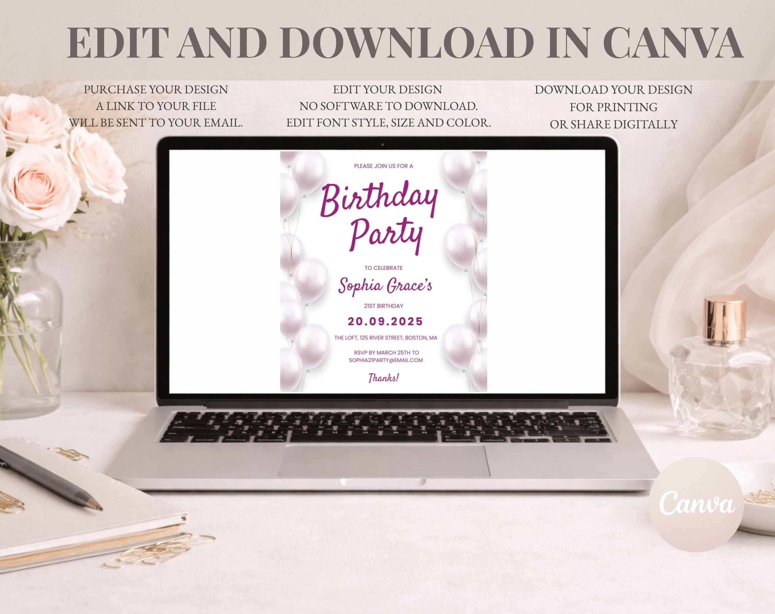 Elegant 2 Pink and White 21st Birthday Invitation