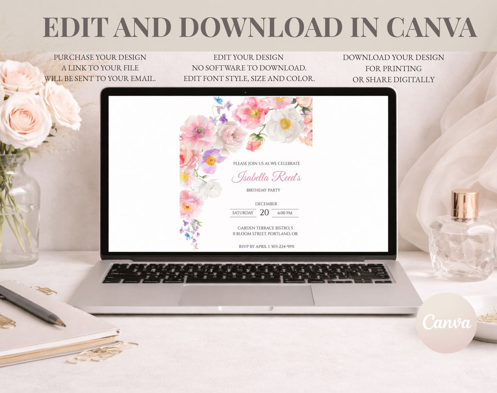 Elegant Pink Flower Floral Birthday Invitation