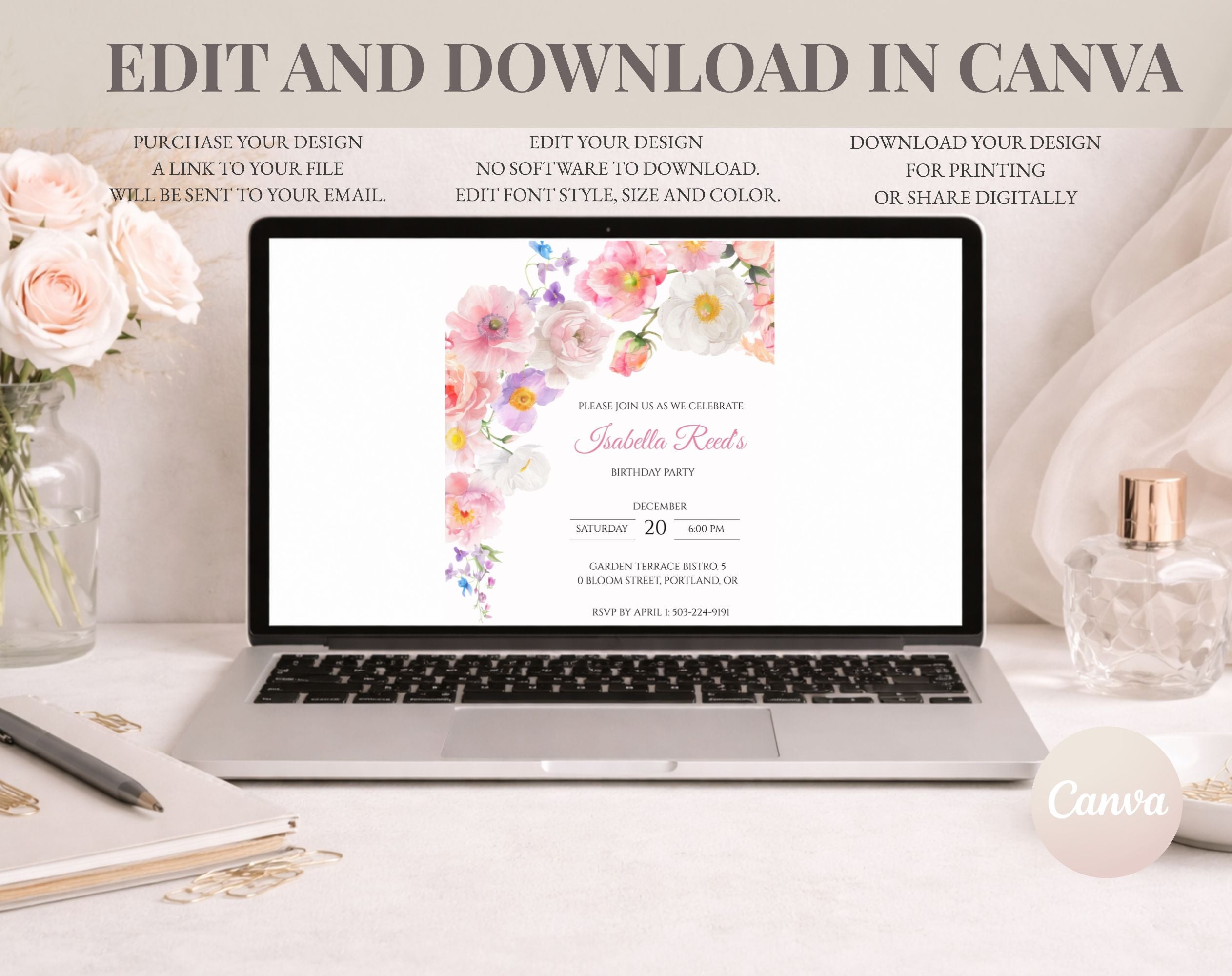 Elegant Pink Flower Floral Birthday Invitation