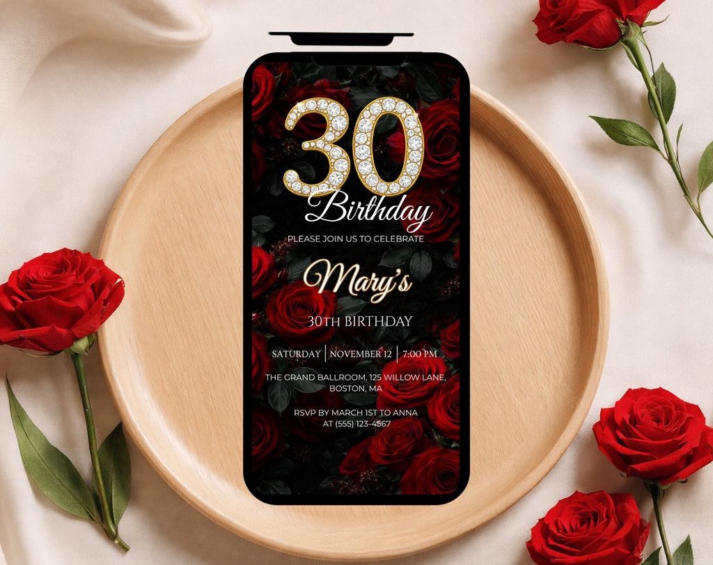 Red Rose 30th Birthday Invitation