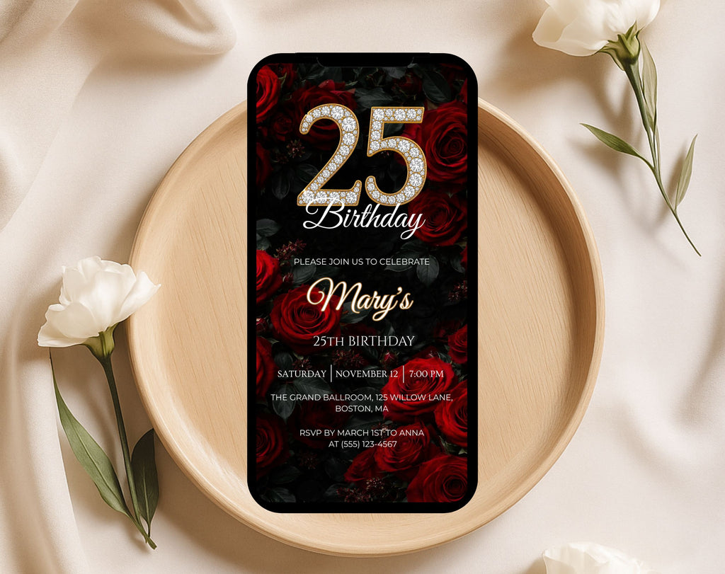 Elegant Red Rose 25th birthday invitation