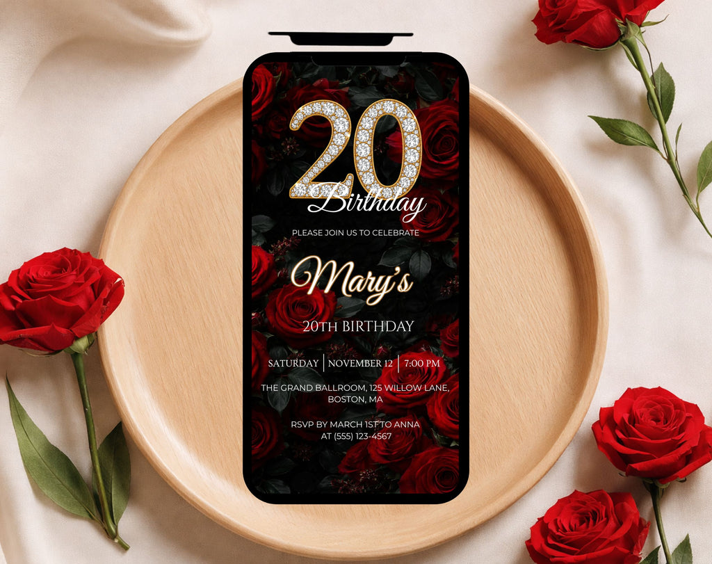 20th Red rose floral Birthday Invitation
