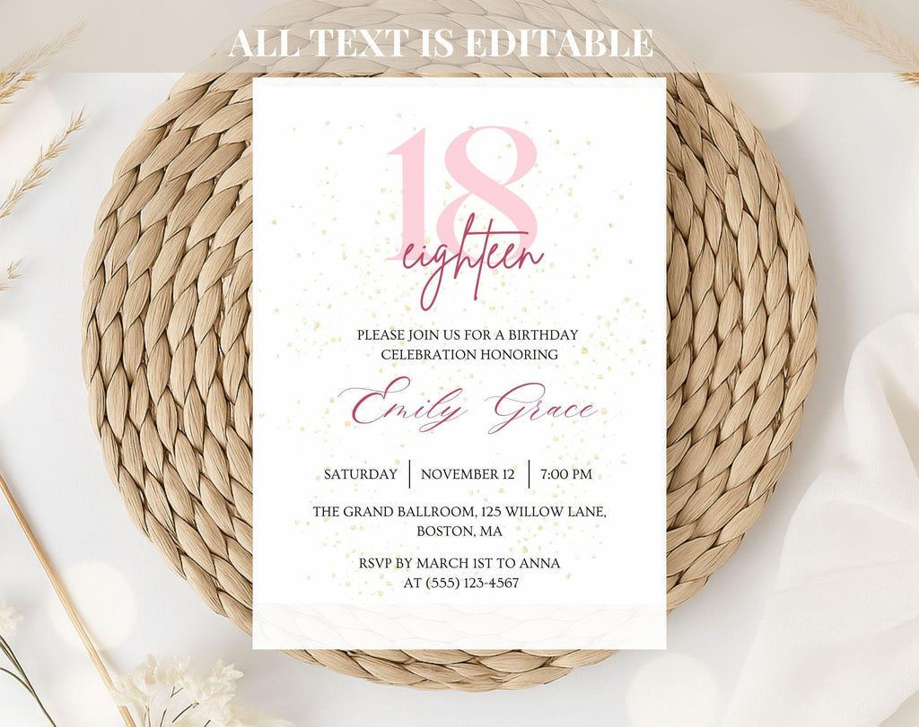 Pink & Gold Glitter 18th Birthday Invitation