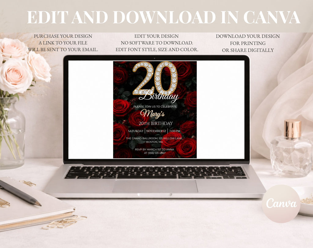 20th Red rose floral Birthday Invitation