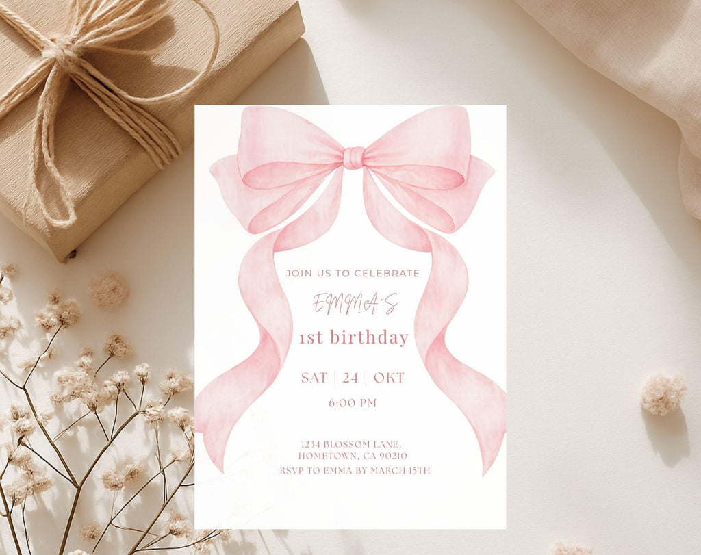 Pink Bow first birthday Invitation