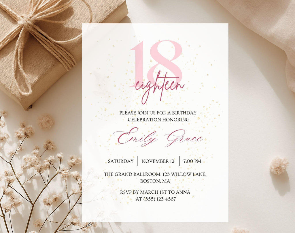 Pink & Gold Glitter 18th Birthday Invitation