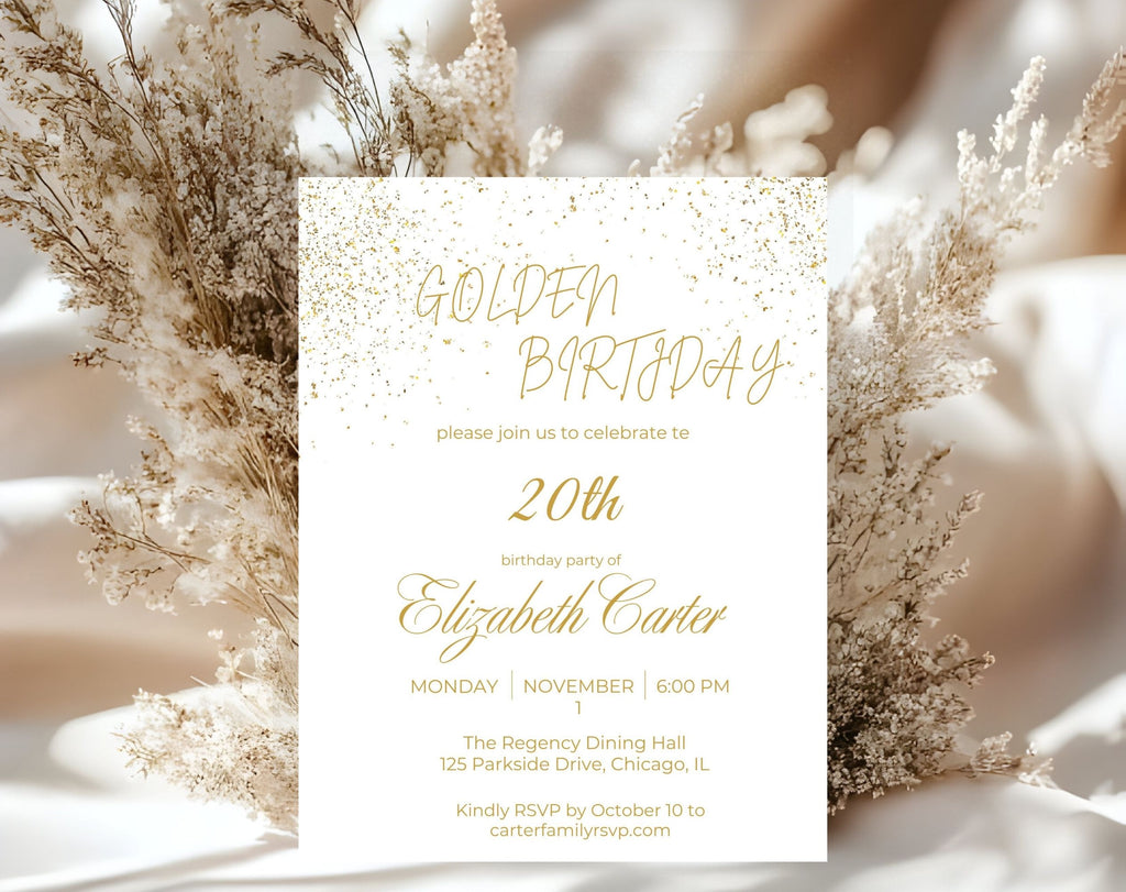 White and Gold 20th Birthday Invitation