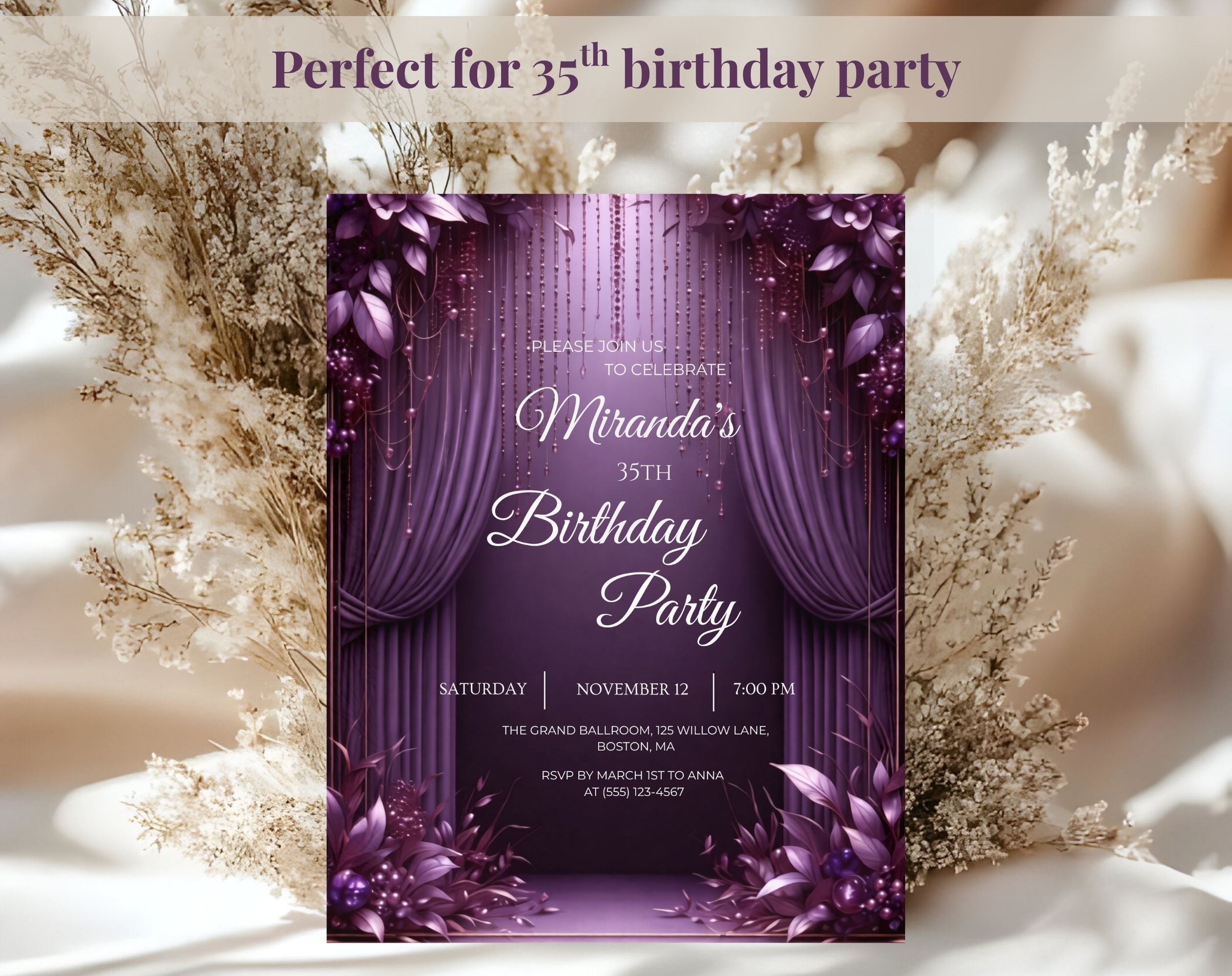 Luxury Purple 35th Birthday Invitation