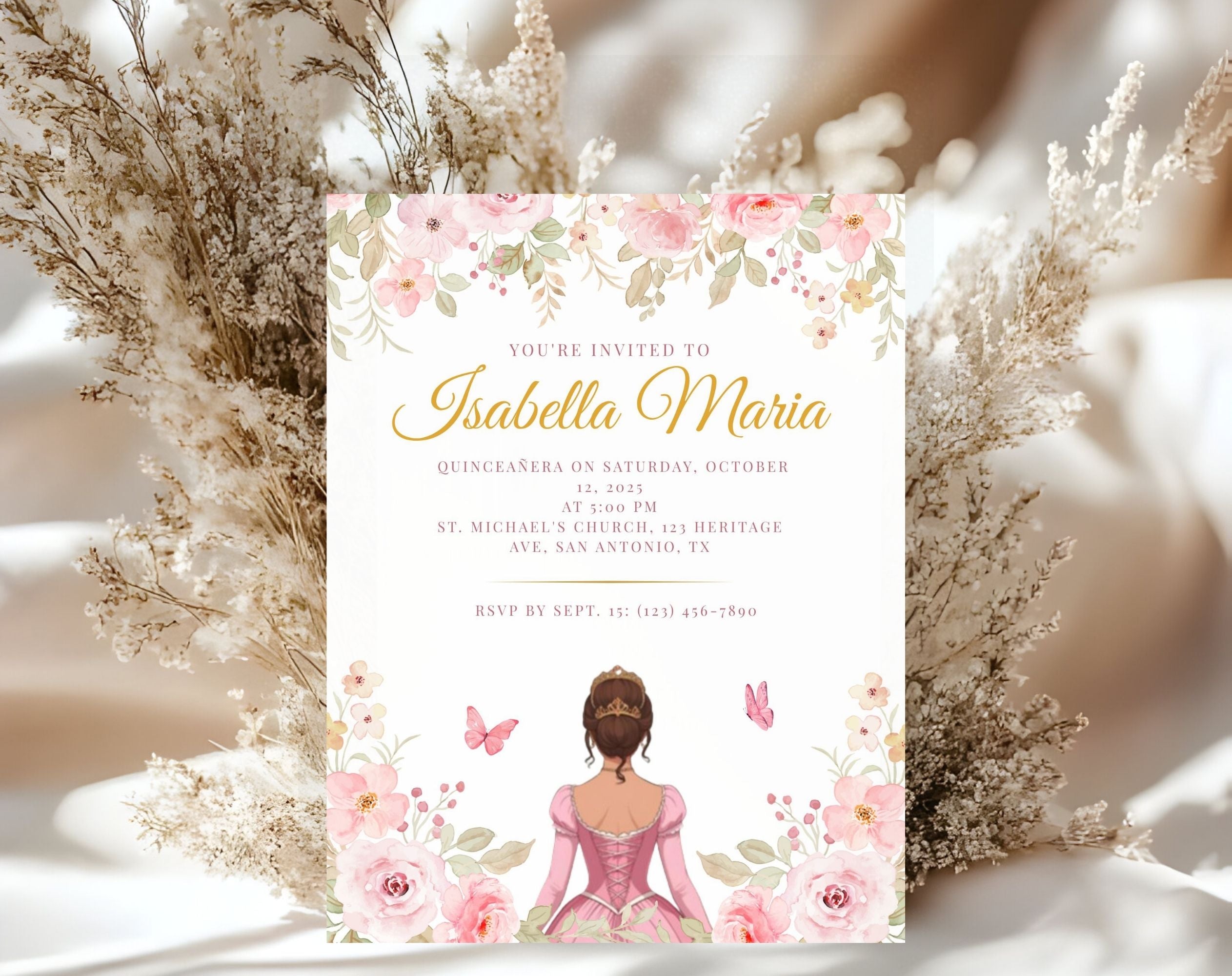 Pink and Gold Quinceañera Sweet 15 Birthday Invitation