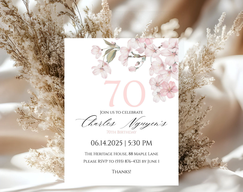 White Elegant Pink Cherry Blossom 70th Birthday Invitation