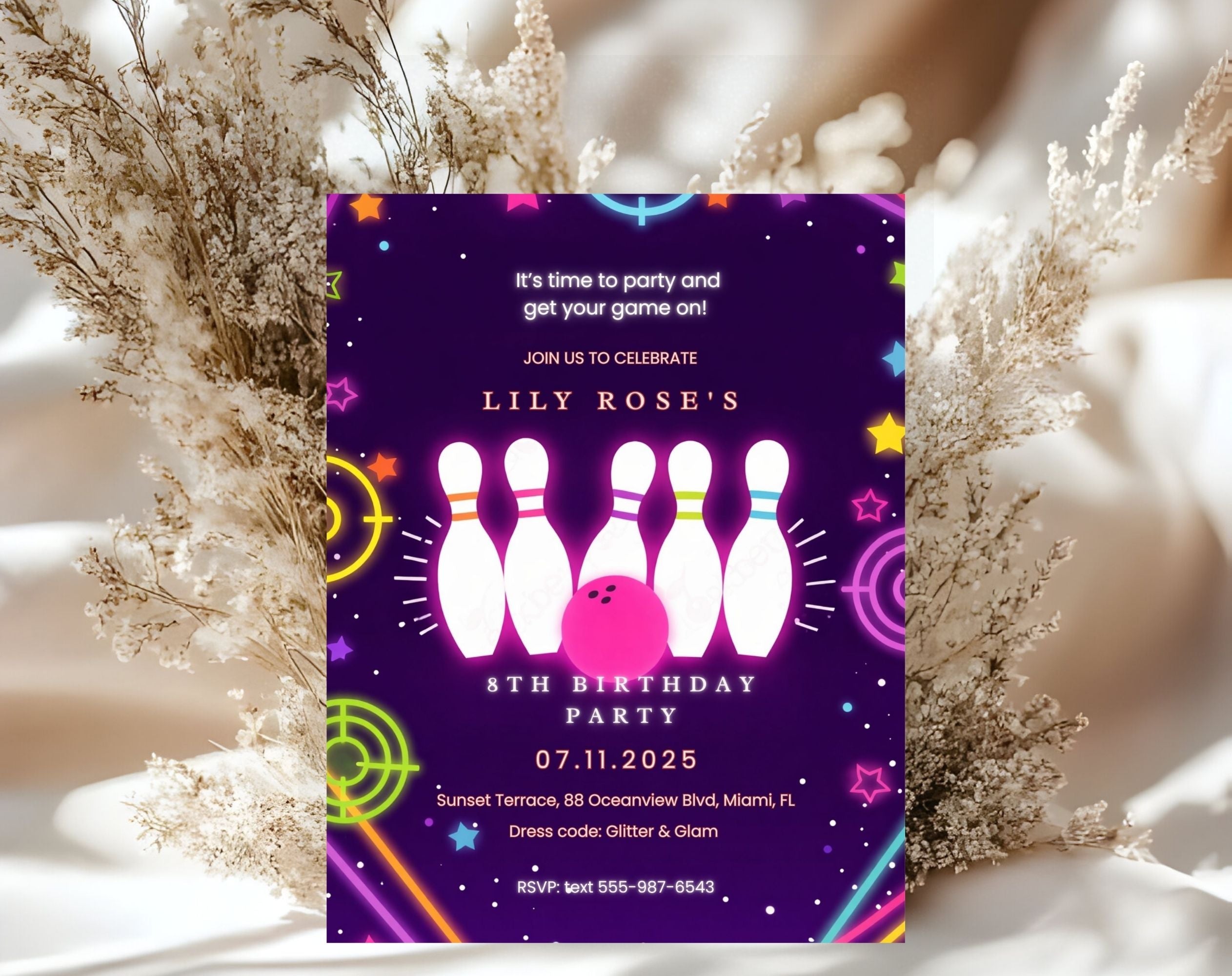 Purple Neon Bowling 8th Birthday Invitation