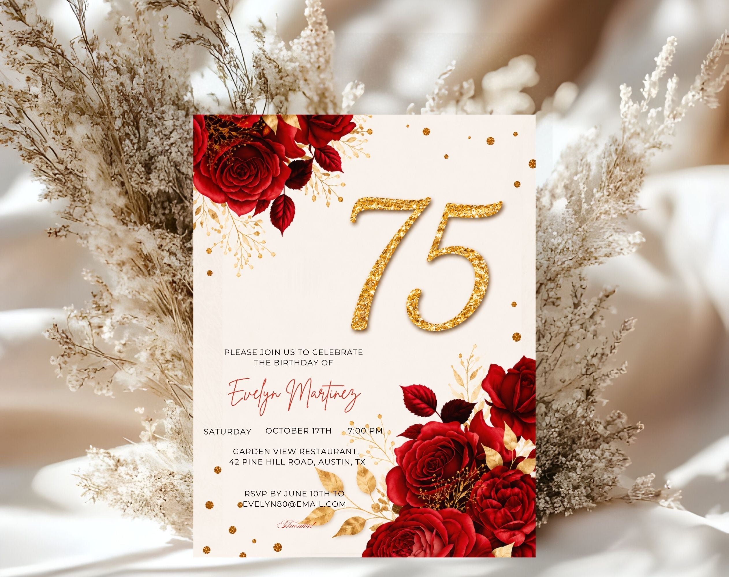 Elegant Red Rose 75th Birthday Invitation