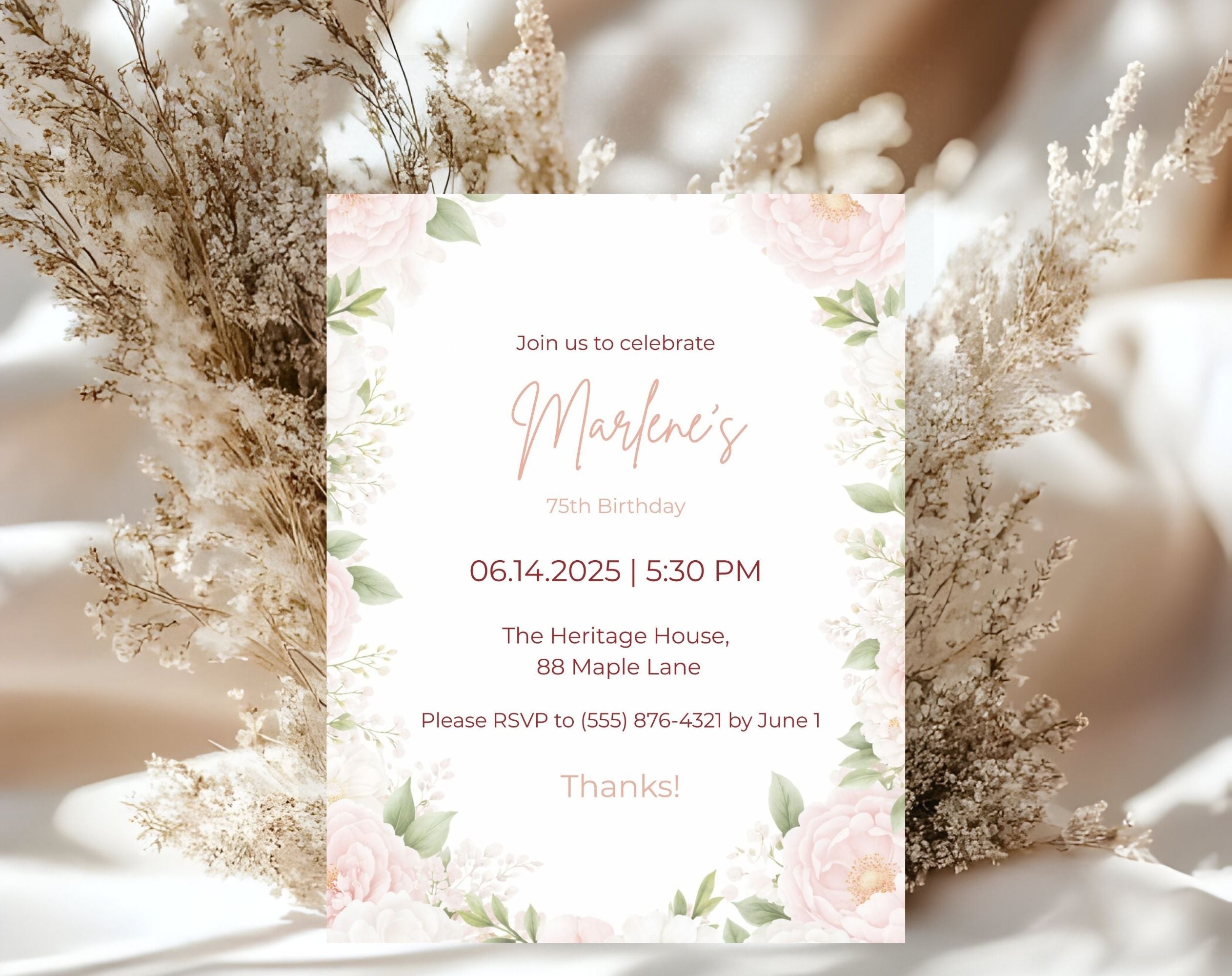 Blush Pink Floral 75th Birthday Invitation