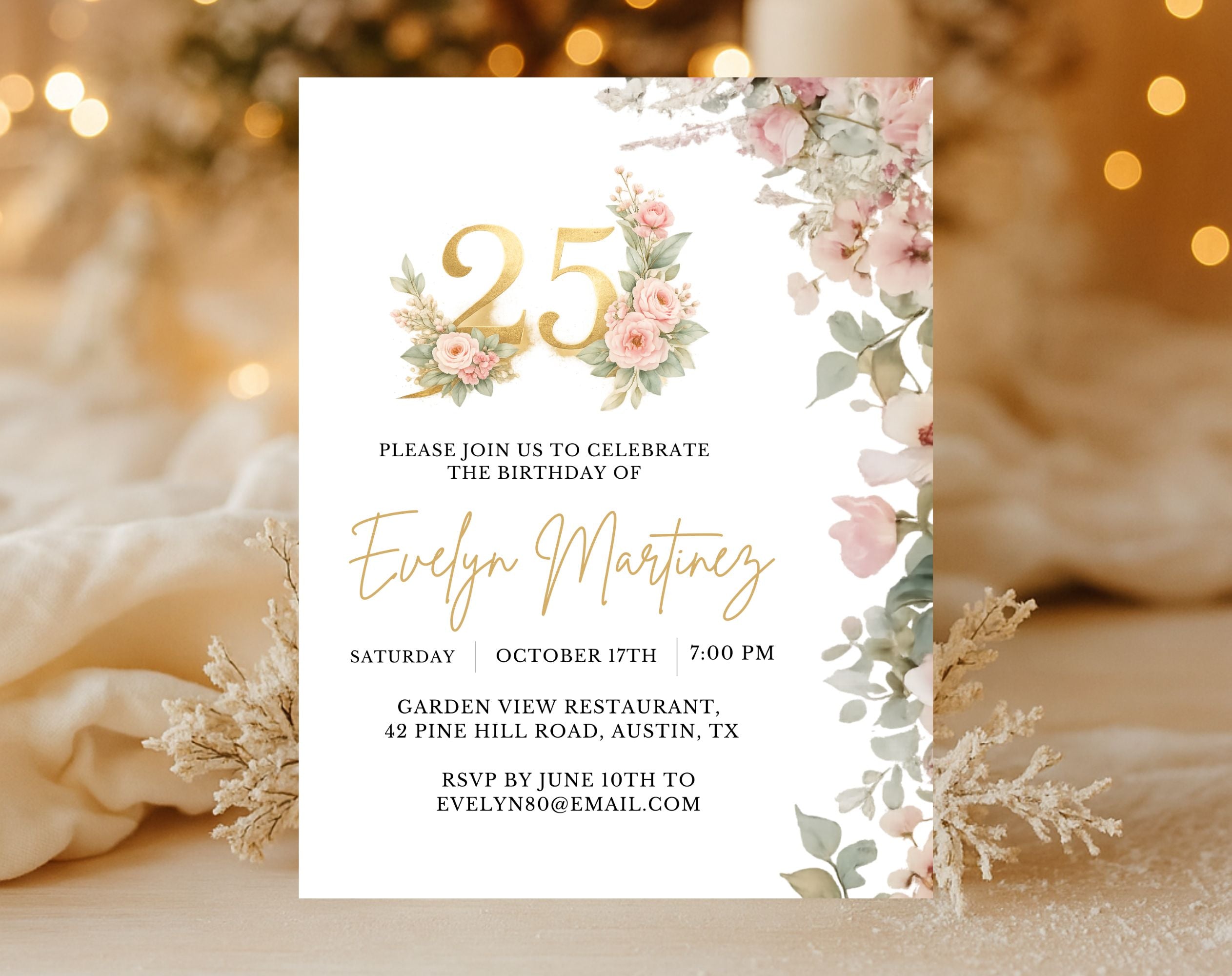 Elegant Floral 25th Birthday Invitation
