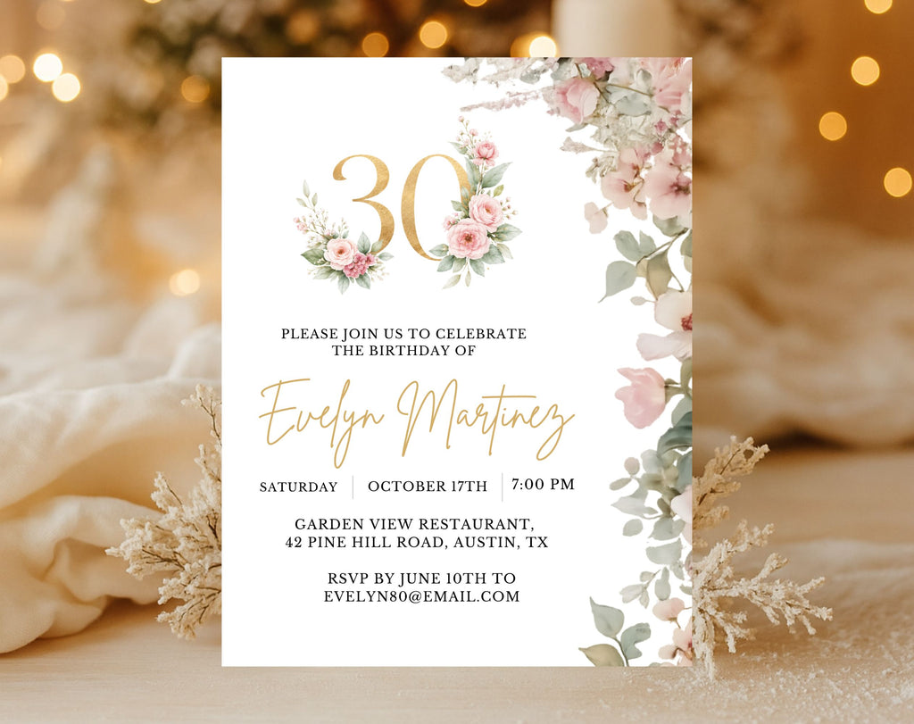 Elegant Floral 30th Birthday Invitation