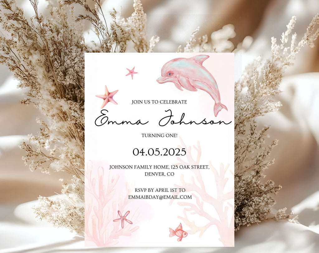 Pink Ocean first Birthday Invitation
