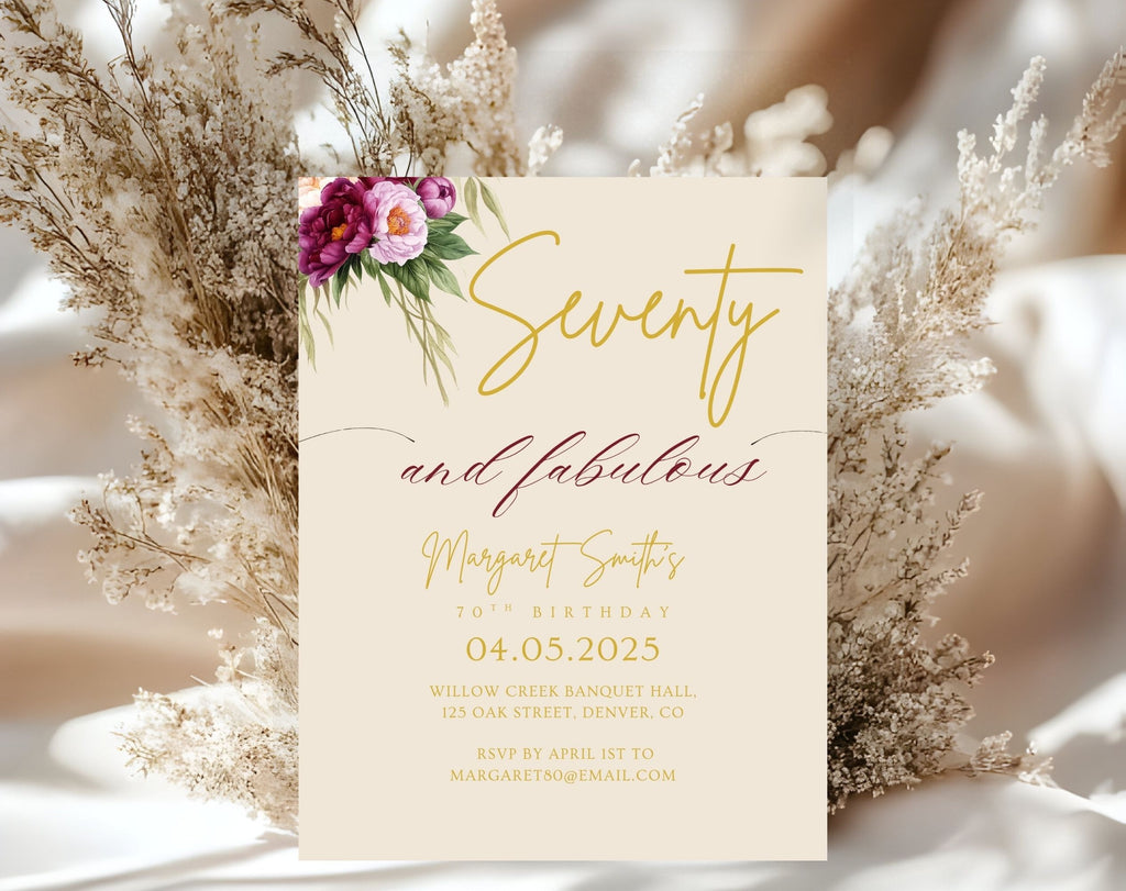 Beige Floral Elegant 70th Birthday Invitation