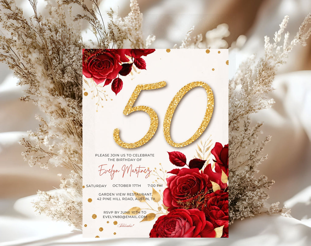 Red Rose Gold 50th Birthday Invitation