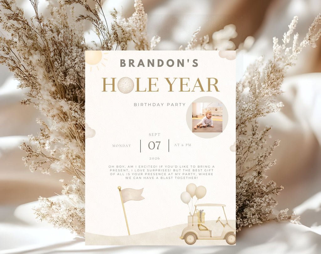 Beige and Gold Golf First Birthday Invitation
