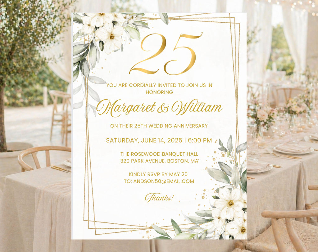 White Gold Floral 25th Wedding Anniversary Invitation