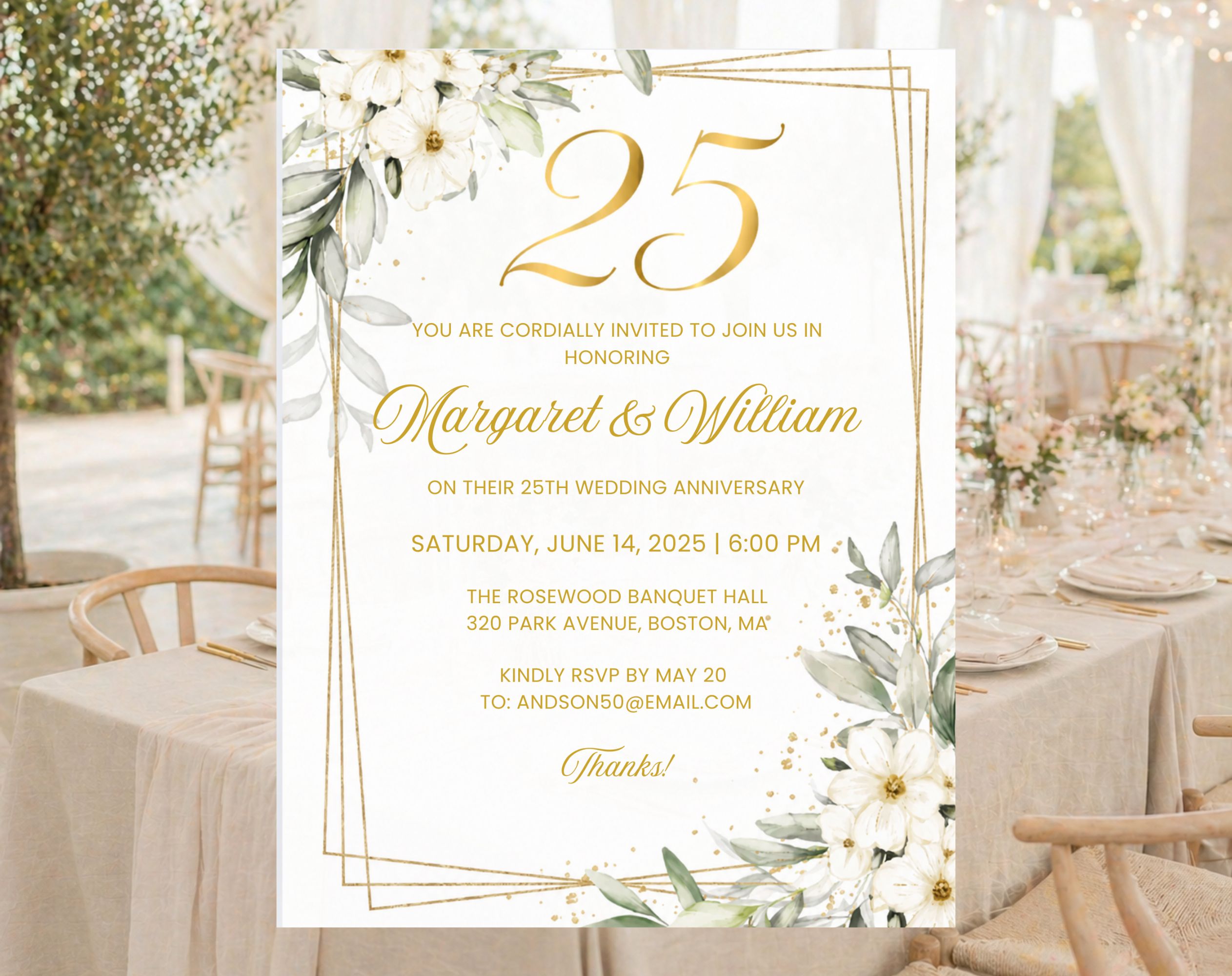 White Gold Floral 25th Wedding Anniversary Invitation