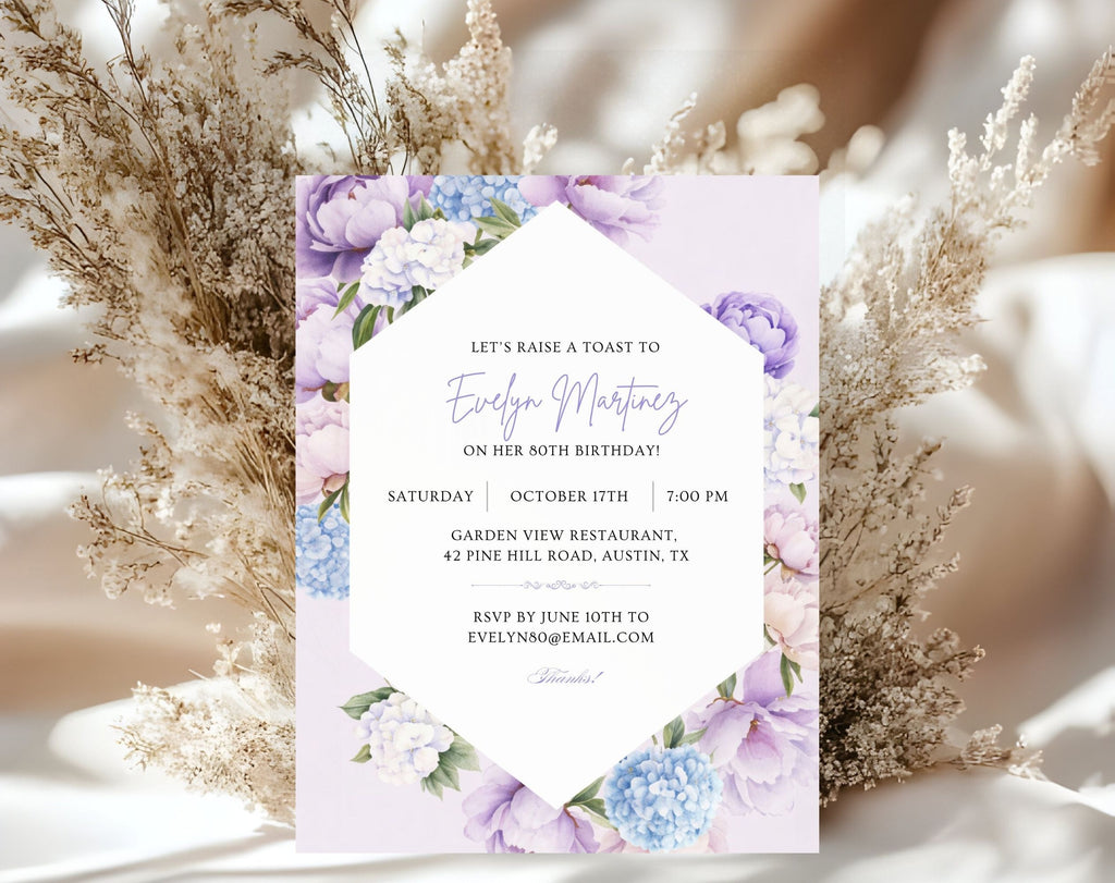 Elegant Purple Floral 80th Birthday Invitation