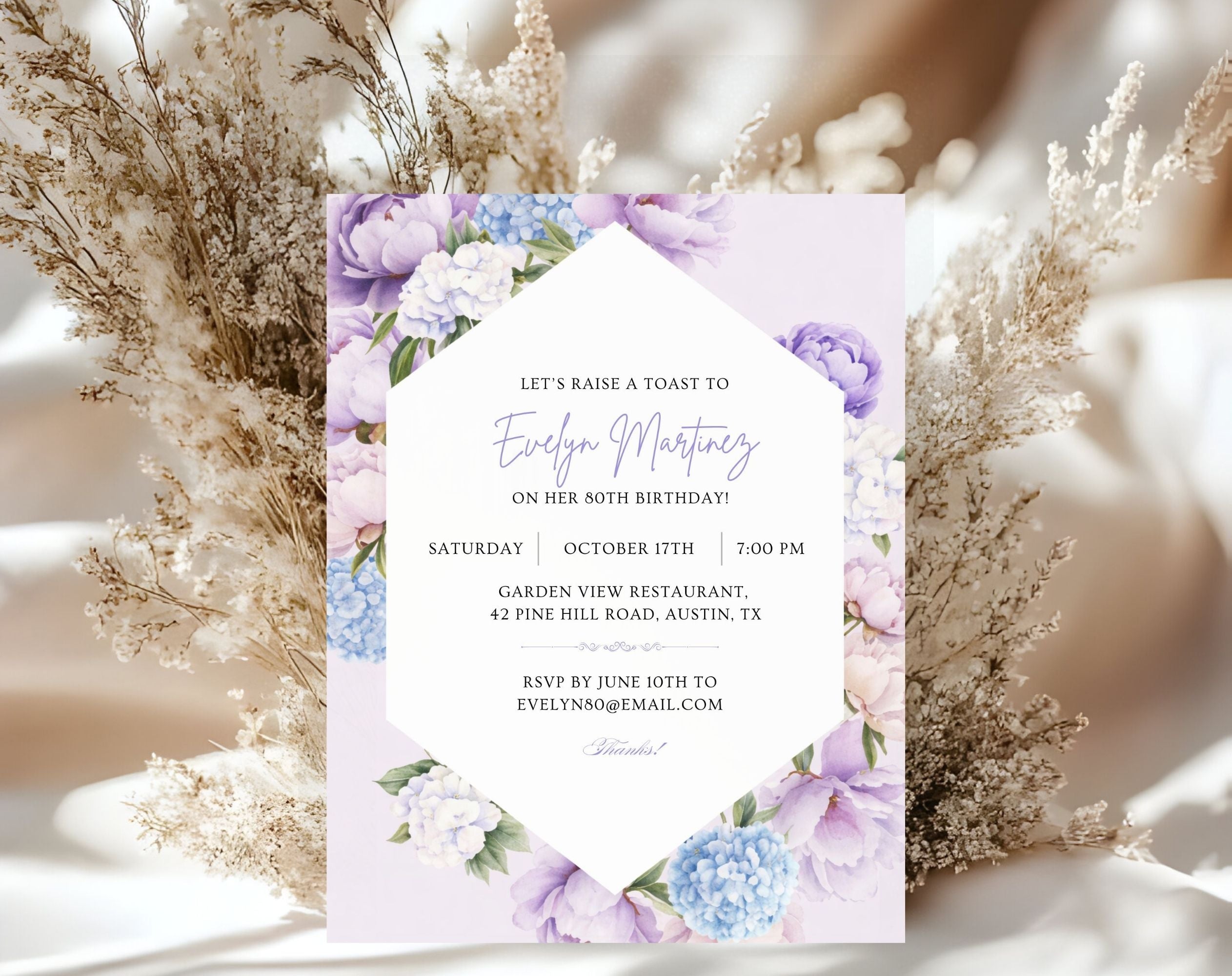 Elegant Purple Floral 80th Birthday Invitation
