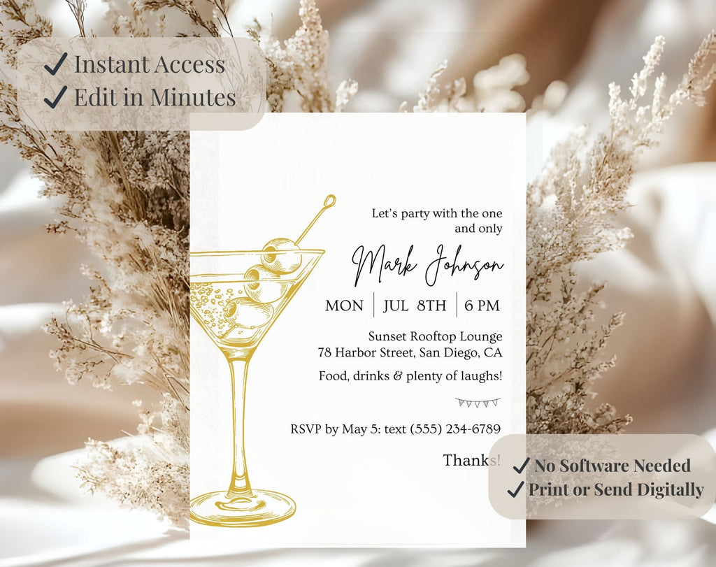 Gold Cocktail Birthday Party Invitation