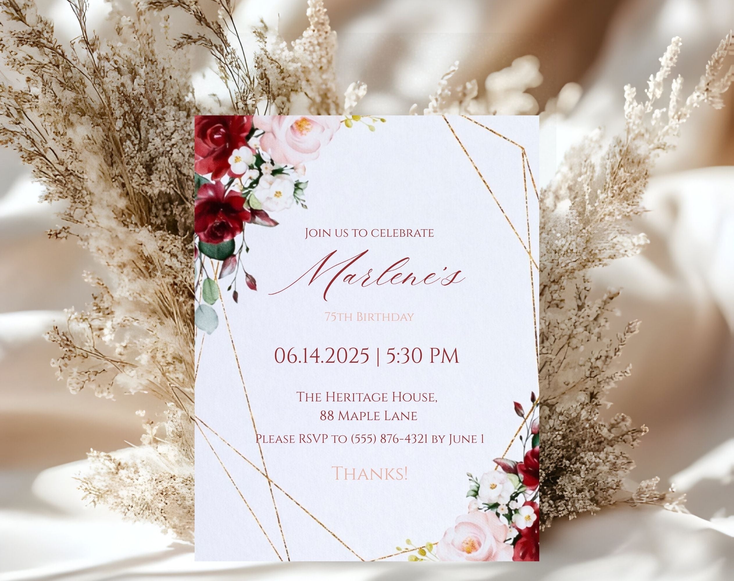 Burgundy Floral 75th Birthday Invitation