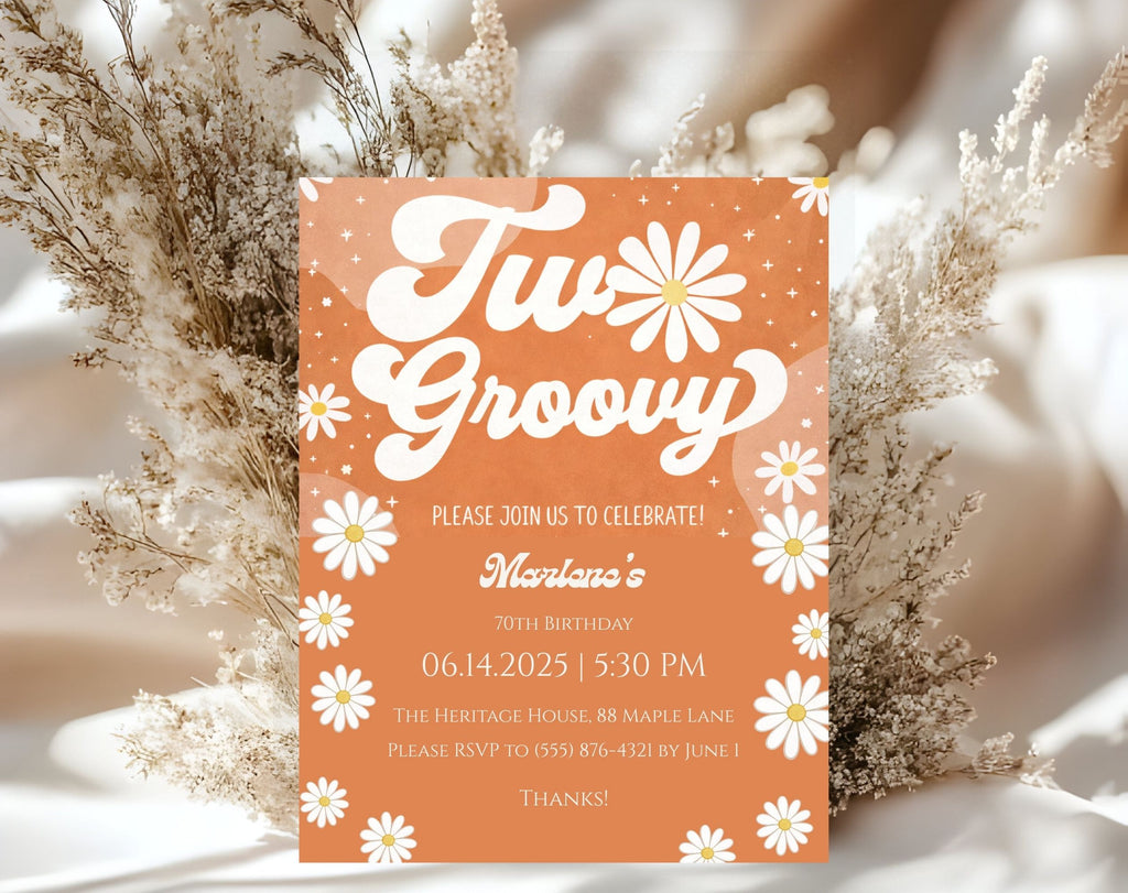 Orange Retro Groovy 70th Birthday Invitation