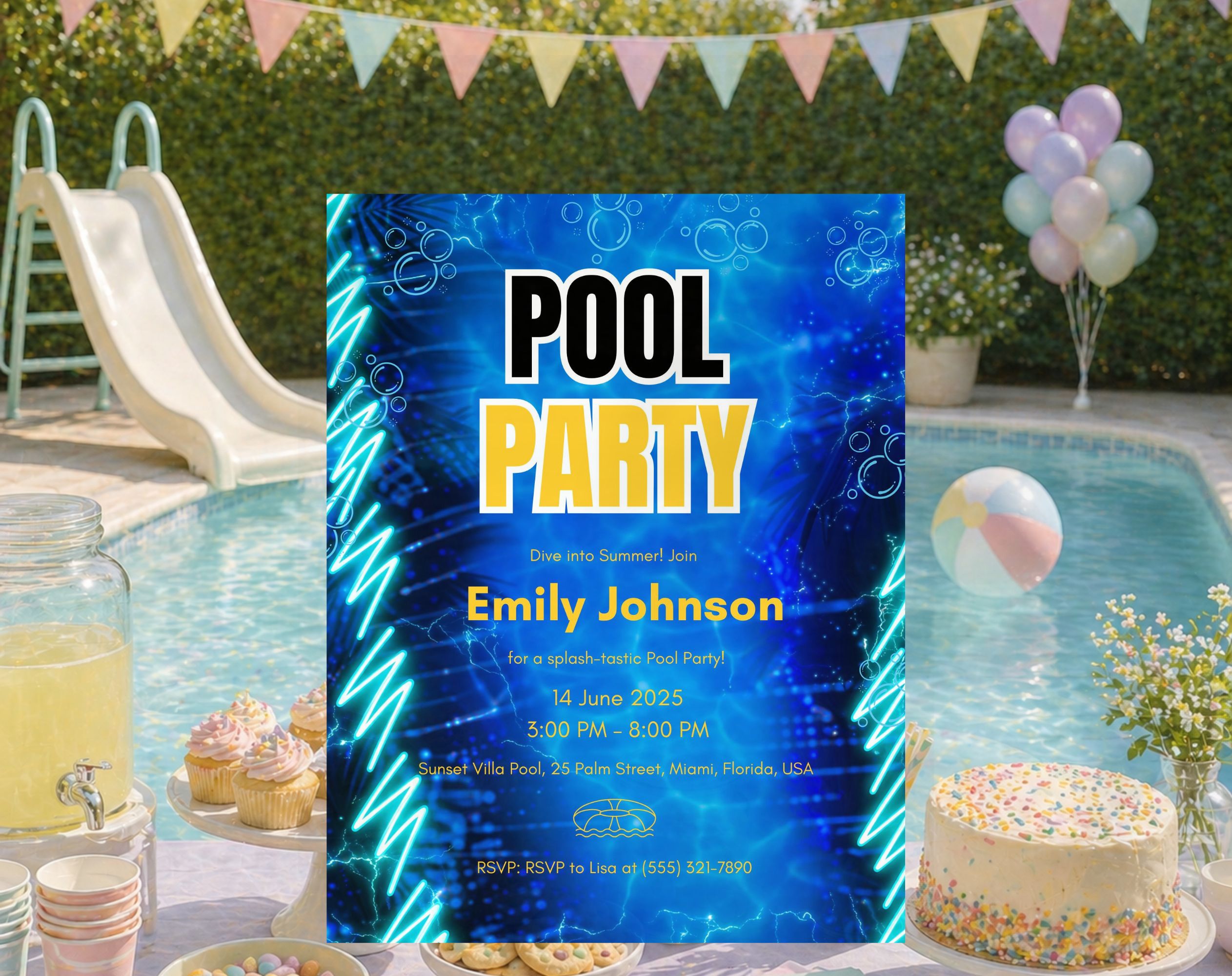 Blue Neon Pool  birthday Party Invitation