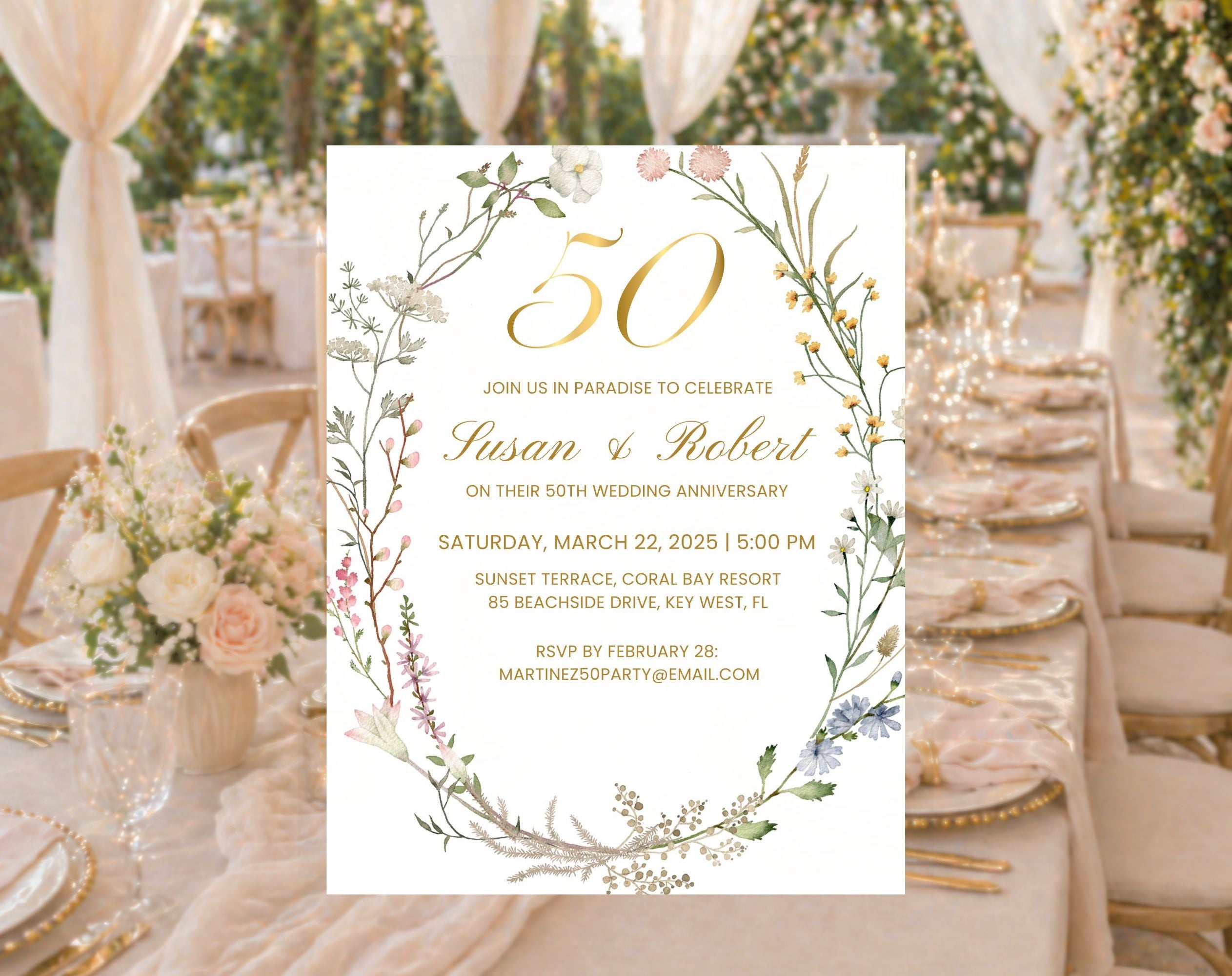 White Floral 50th Anniversary Invitation