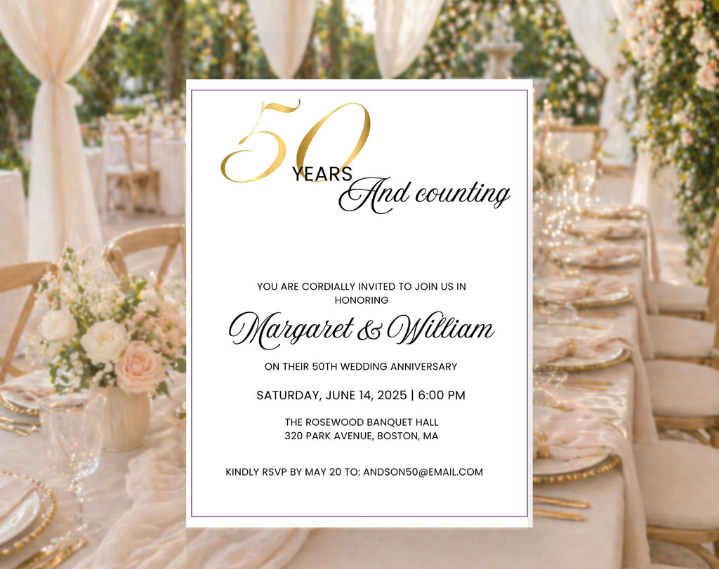 Elegant White Gold 50th Anniversary Invitation
