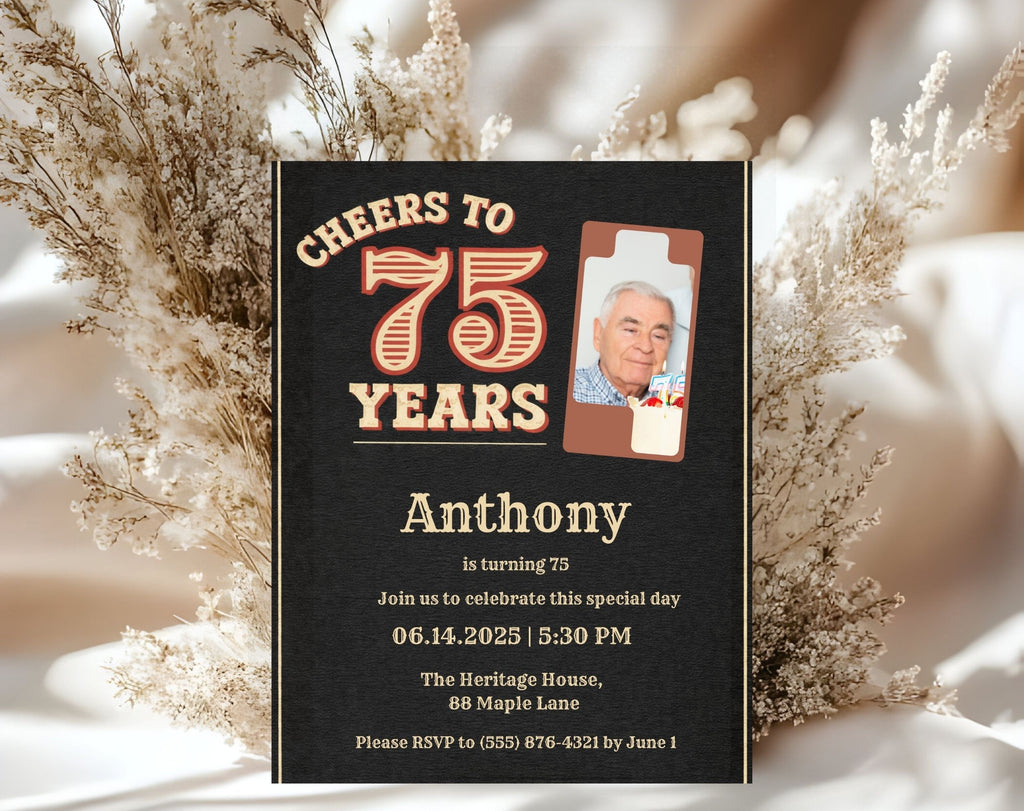 Vintage Black 75th Birthday Invitation